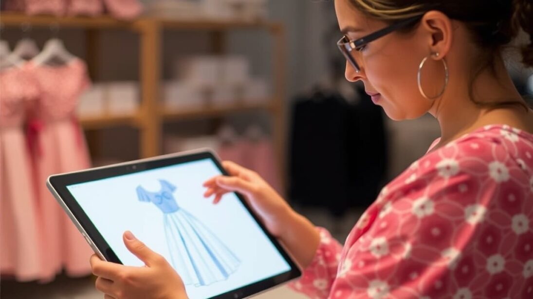 A fashion designer examines a dress pattern generated by AI on a tablet.